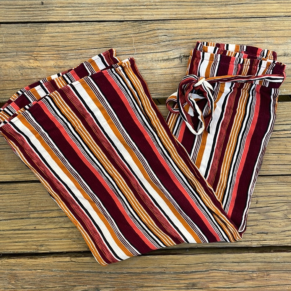 Striped High-Rise Belted Cropped Culottes Pants